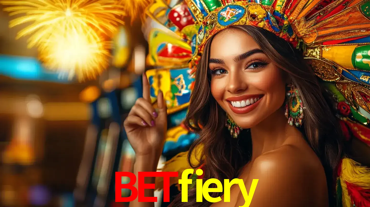 Mulher sorridente com um cocar de carnaval vibrante e colorido, celebrando uma grande vitória nos jogos do cassino betfiery com fogos de artifício ao fundo.