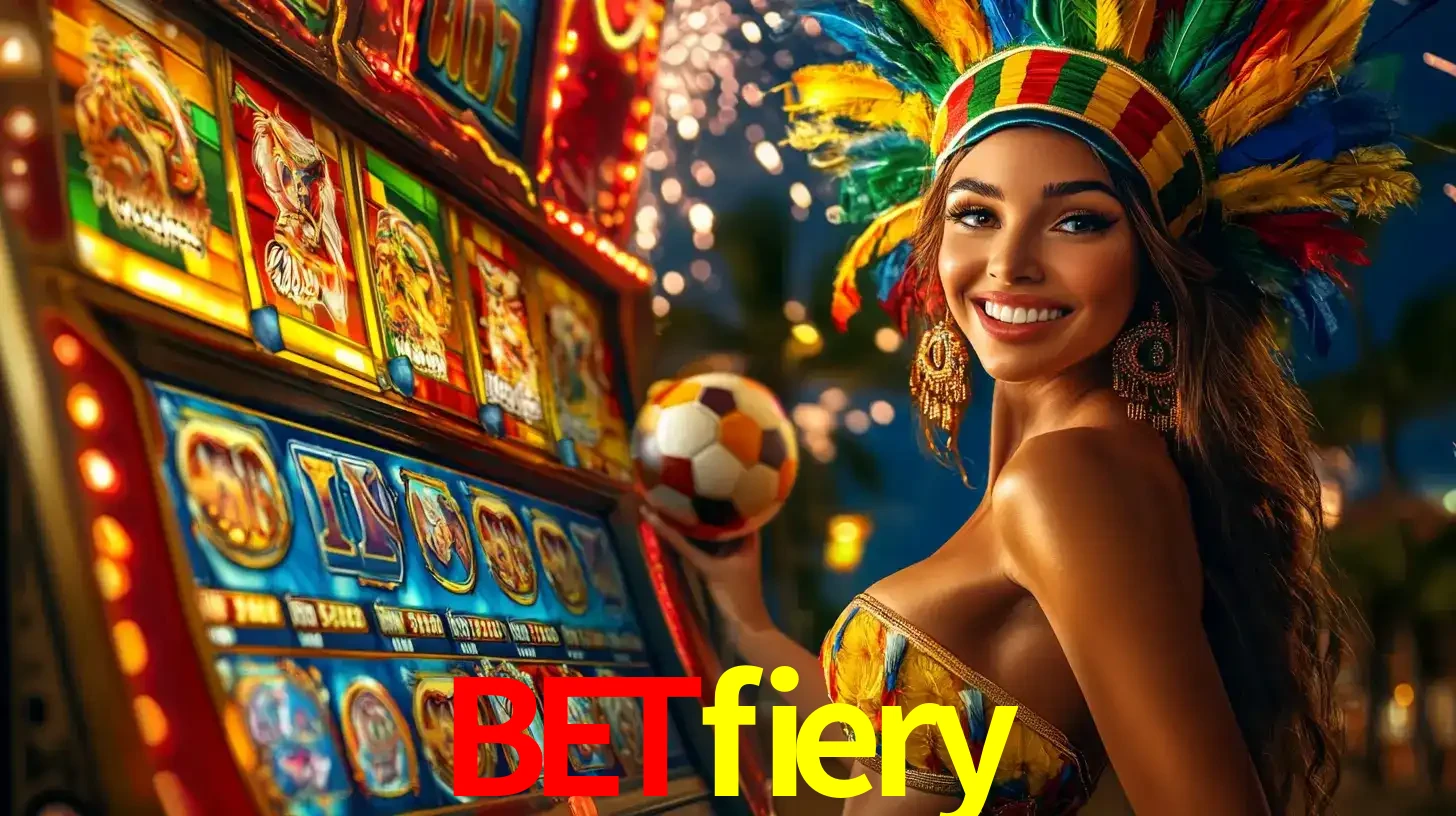 Mulher com um cocar de carnaval ao lado de uma máquina de caça-níqueis enquanto segura uma bola de futebol, mostrando a união da diversão de cassino e esportes no betfiery.