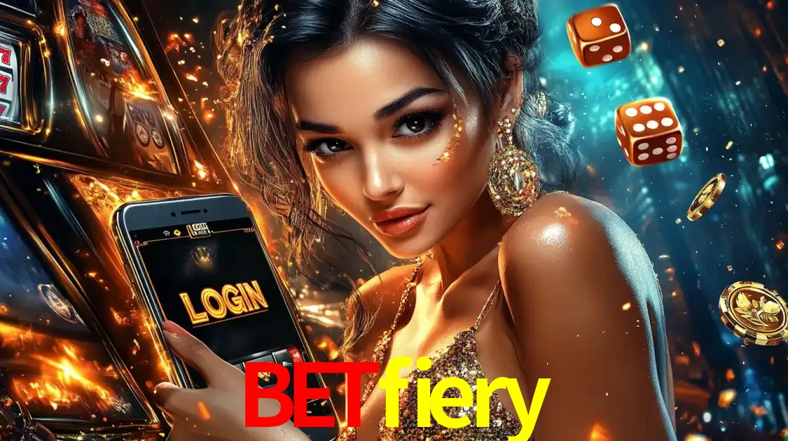 Mulher glamourosa segurando um celular com a tela de login do cassino betfiery, rodeada por dados e moedas douradas, pronta para começar a diversão.