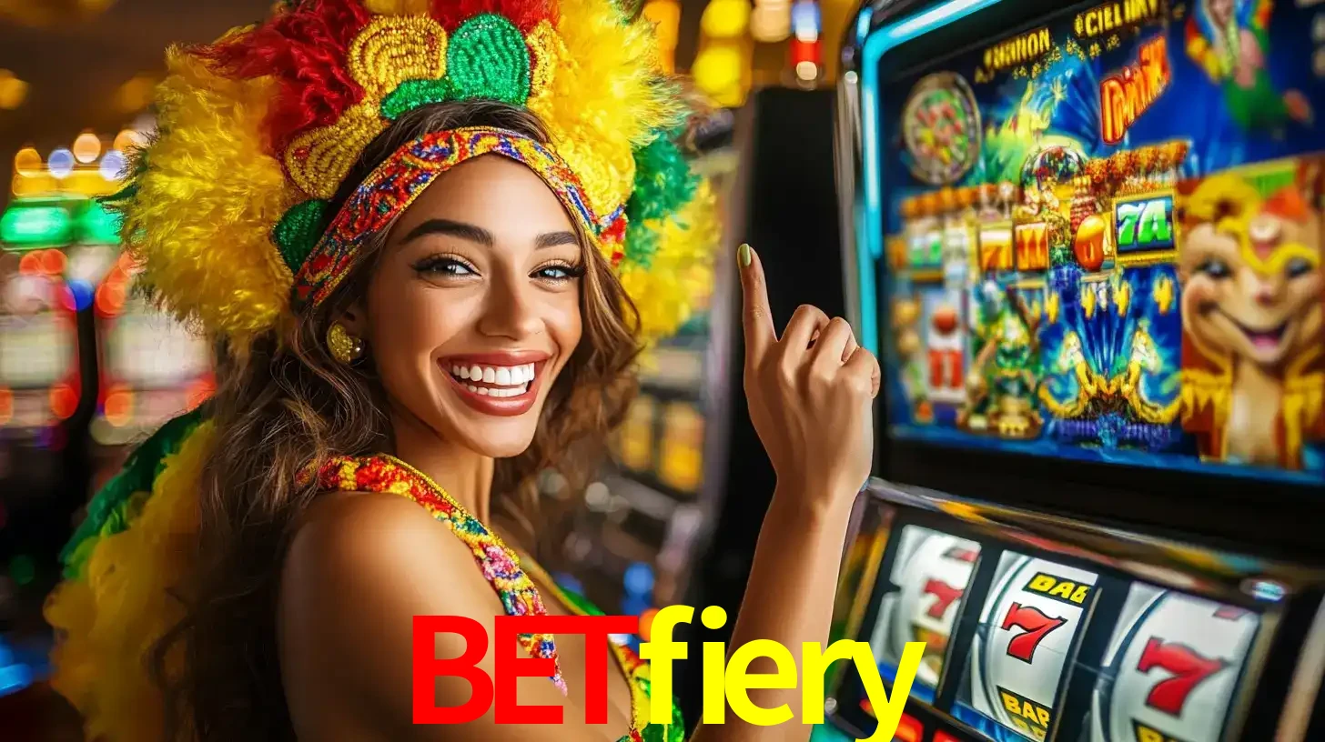 Mulher animada com um cocar de carnaval apontando para uma máquina de caça-níqueis, mostrando a emoção de ganhar um grande prêmio nos jogos do betfiery.