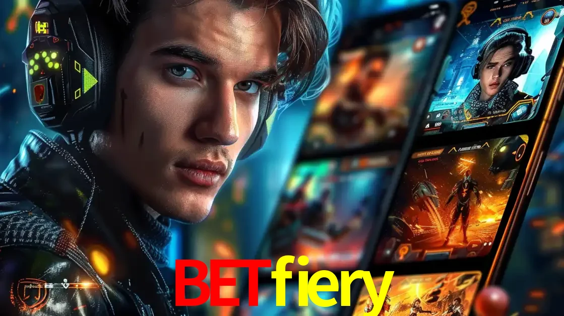 Jovem jogador com fones de ouvido olhando para a câmera, com um aplicativo de jogos e e-sports para celular ao fundo, pronto para a competição e apostas no betfiery.