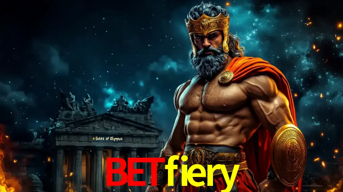O poderoso Zeus do jogo de slot Gates of Olympus em frente ao seu templo, pronto para lançar multiplicadores divinos e prêmios épicos no cassino online betfiery.