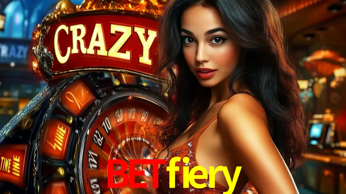 Mulher glamourosa olhando para a câmera com a roda vermelha do Crazy Time ao fundo em um ambiente de cassino, destacando a emoção dos jogos ao vivo no betfiery.