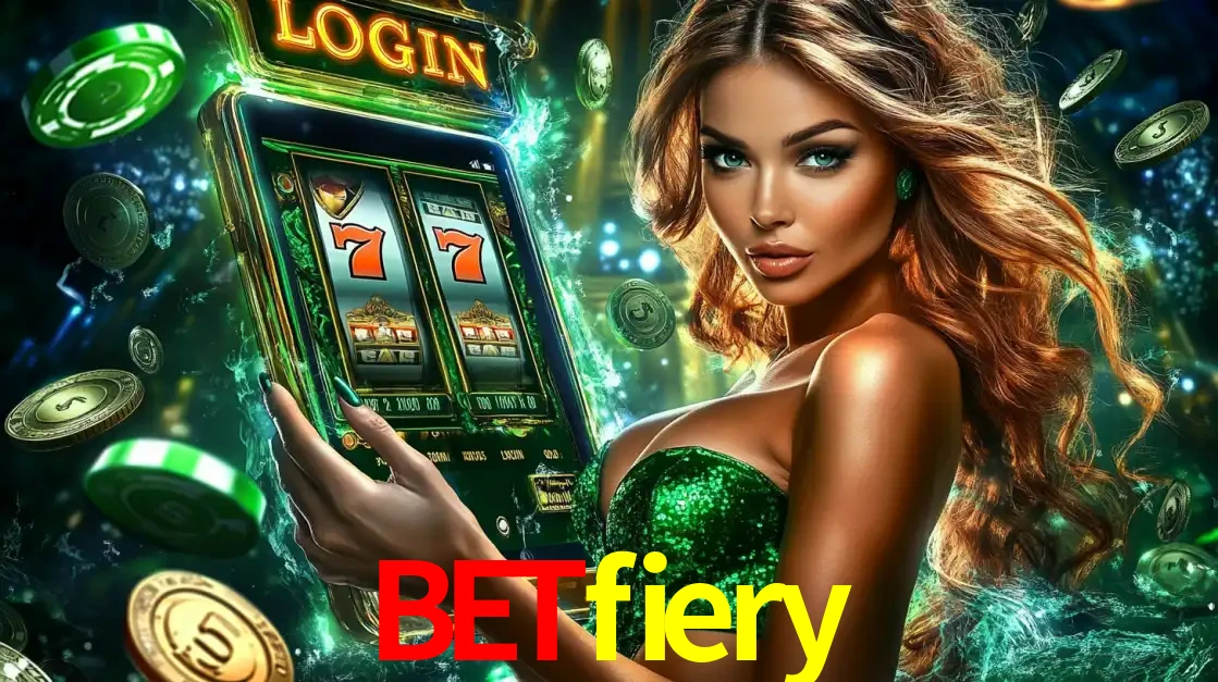 Mulher com tema verde apresentando o aplicativo do cassino betfiery com um jogo de slot de 777, cercada por fichas de cassino e uma aura de sorte.