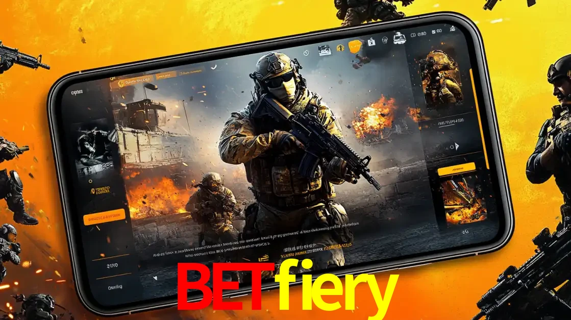 Um smartphone exibindo a interface de um jogo de tiro em primeira pessoa, com um soldado em um cenário de batalha, representando a ação dos e-sports para apostar no betfiery.