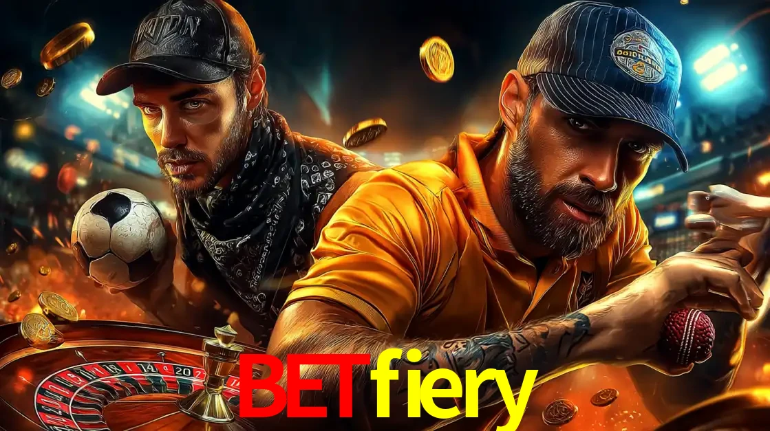 Montagem de apostas esportivas e cassino no betfiery, com um homem segurando uma bola de futebol e outro uma de beisebol sobre uma roleta e moedas voadoras.