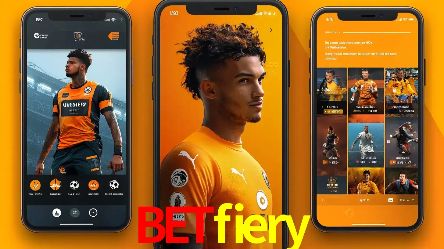 Interface do aplicativo de apostas esportivas betfiery em três telas de celular, mostrando o perfil de um jogador de futebol e a lista de jogos disponíveis para apostar.