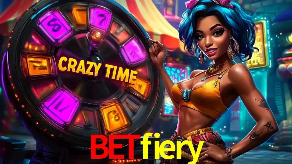 Mulher estilizada com cabelo azul e visual vibrante posando ao lado da roda de prêmios do game show Crazy Time, convidando para a diversão e os bônus do cassino betfiery.