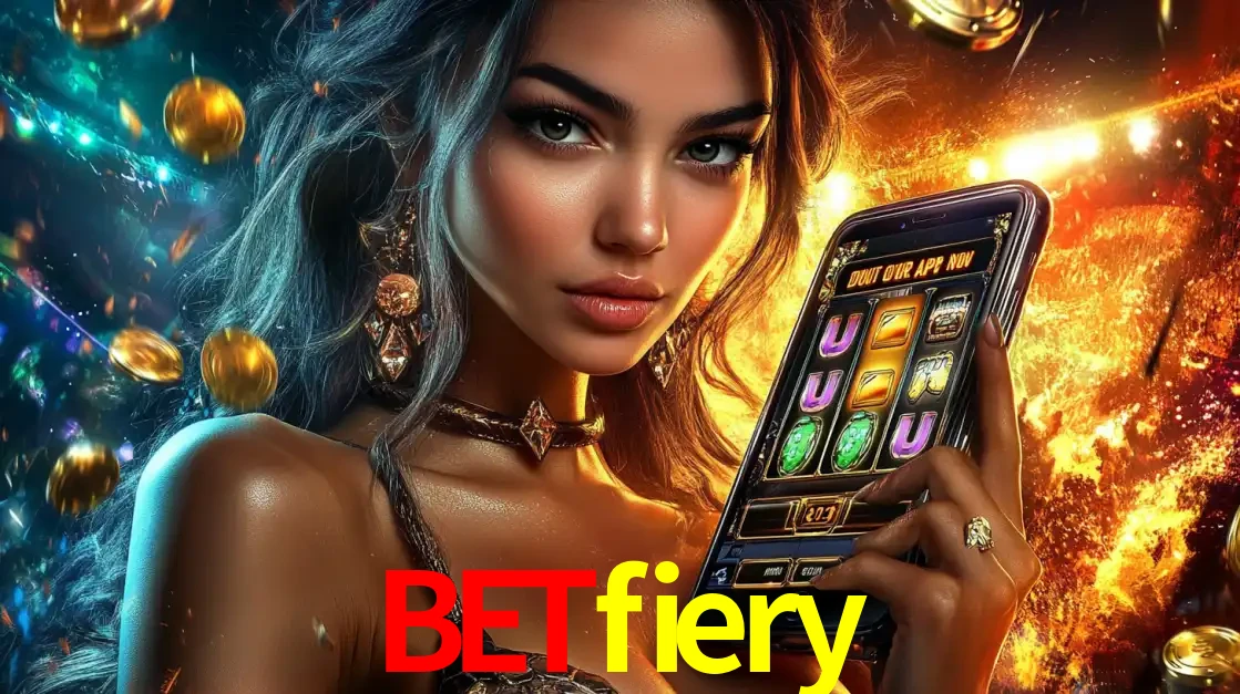 Mulher elegante mostrando um jogo de caça-níqueis em seu smartphone, destacando a experiência de cassino móvel oferecida pelo aplicativo betfiery.