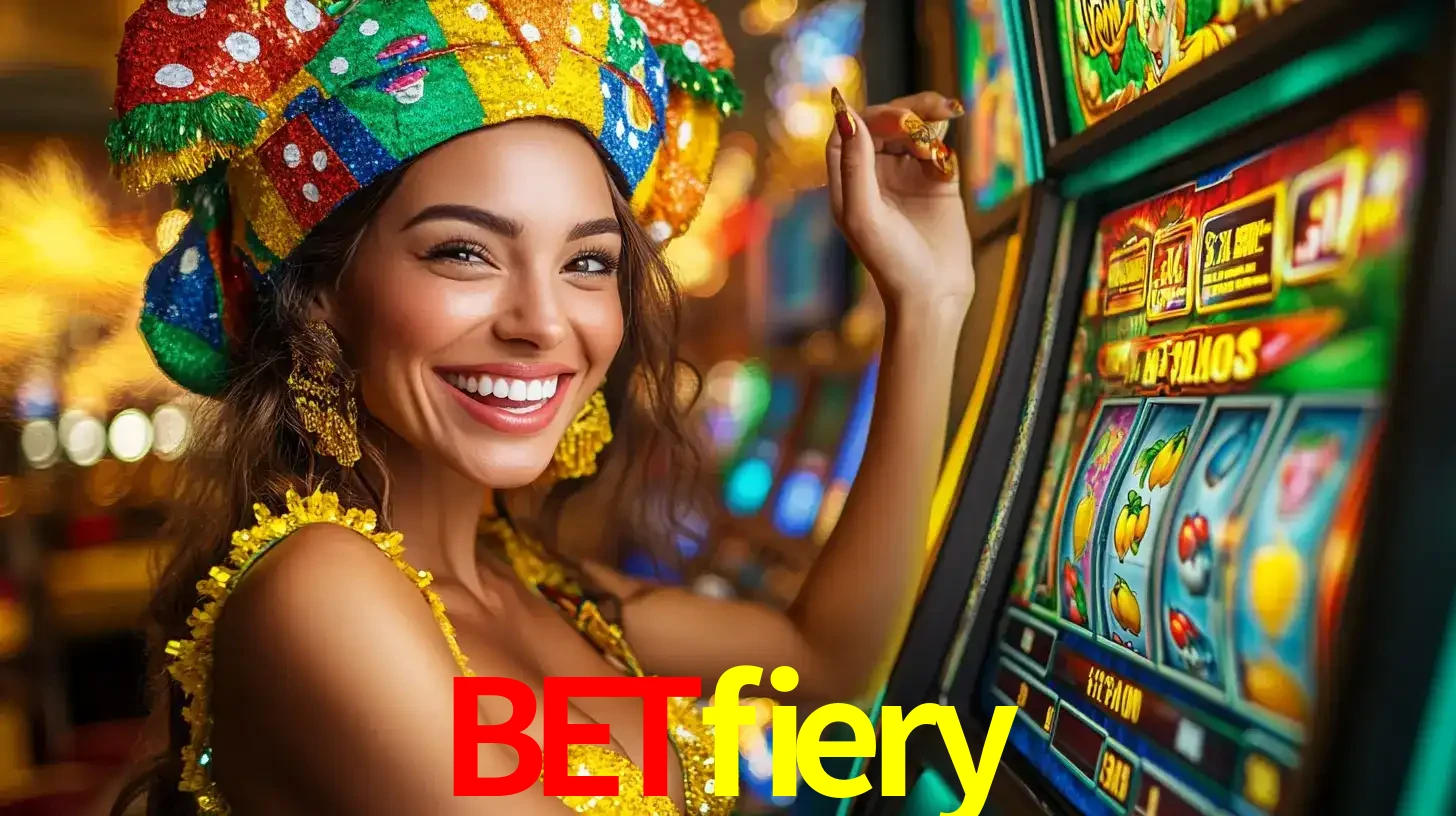 Mulher feliz com traje de carnaval amarelo e colorido ao lado de uma máquina de caça-níqueis, aproveitando a diversão e os jogos temáticos do cassino betfiery.
