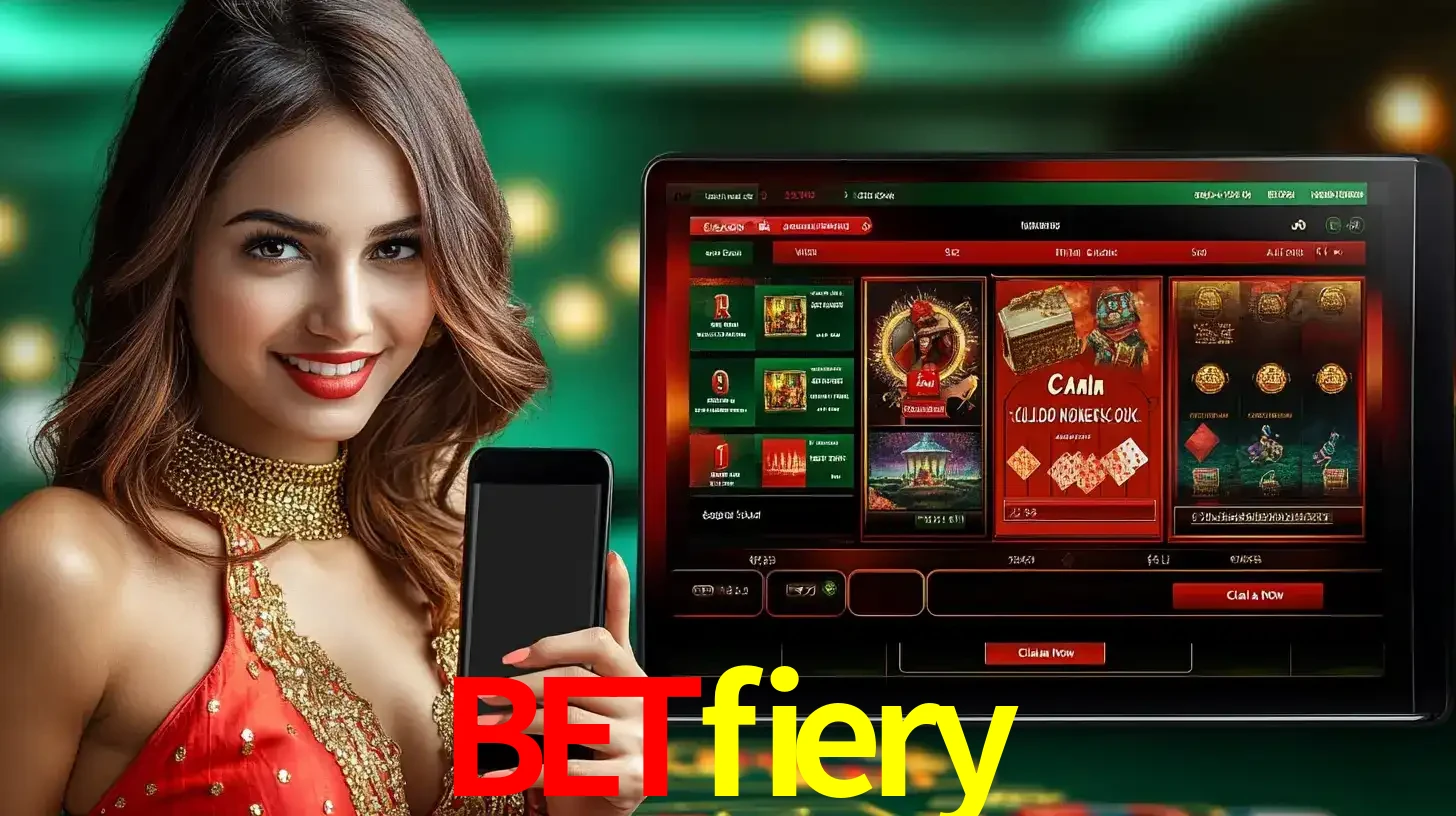 Mulher sorridente segurando um smartphone, ao lado de uma tela exibindo o lobby de jogos do cassino online betfiery, com várias opções de jogos de cartas e slots.